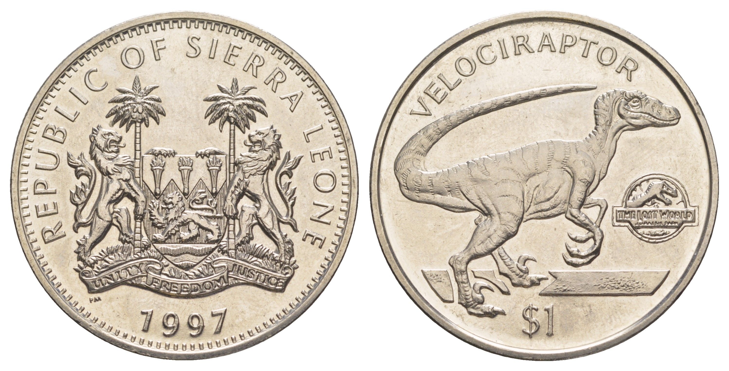 Сьерра-Леоне 1 доллар 1997 Велоцираптор KM 95 медно-никель BU 1521-1334