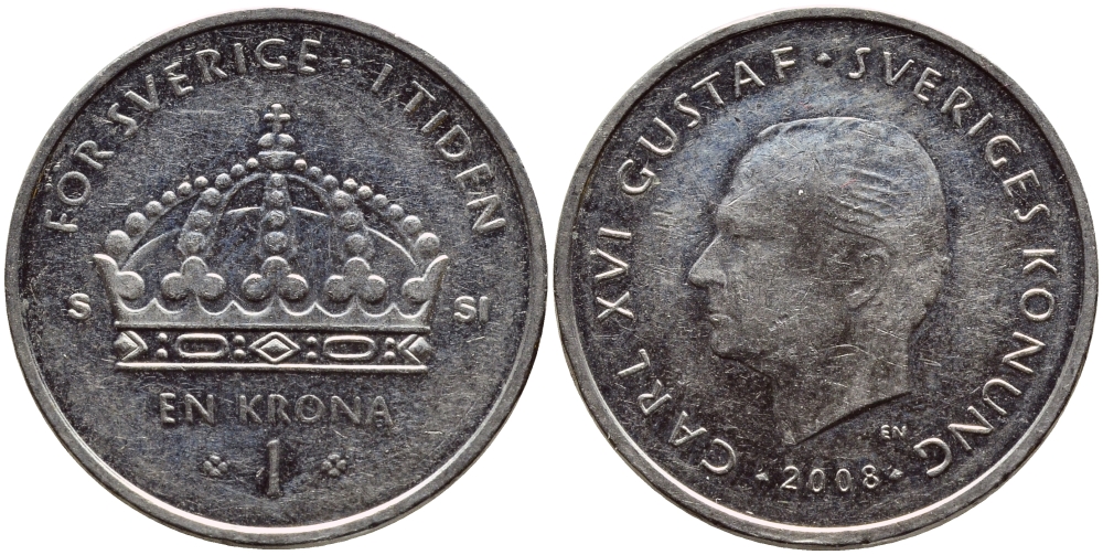 Швеция 1 крона 2008 Карл XVI Густав (1973- ) KM 894 медно-никель 87-114