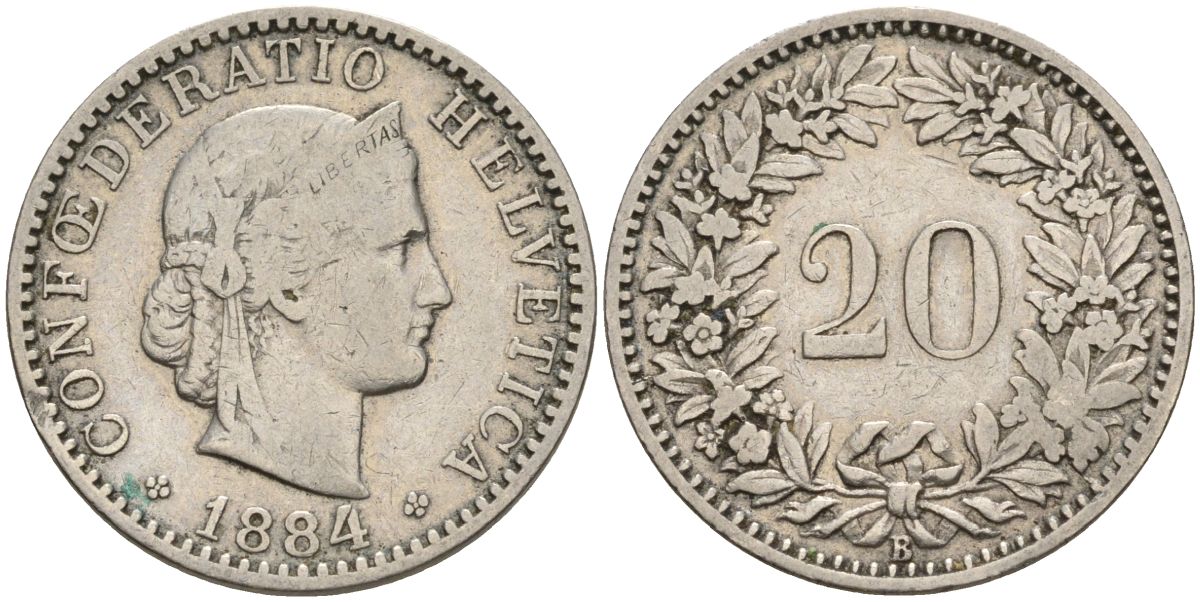 Швейцария 20 раппенов 1884 B KM 29 никель 4606-727