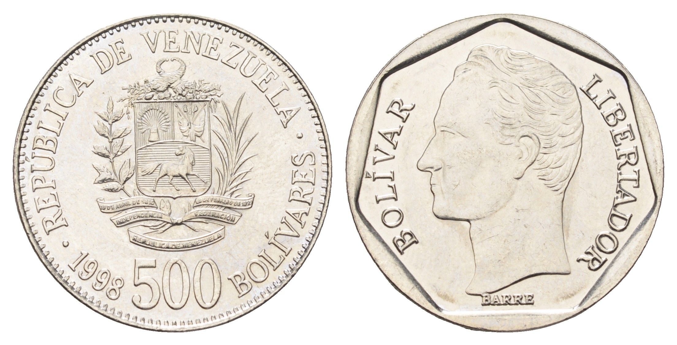 Венесуэла 500 боливаров 1998 год-тип, Симон Боливар Y 79.1 сталь плакированная никелем UNC 4666-1242