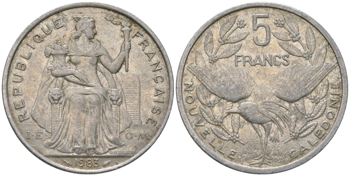 Французская Новая Каледония 5 франков 1983 птица кагу, (IEOM) KM 16, Schoen 12, Lec 75 алюминий 180-414