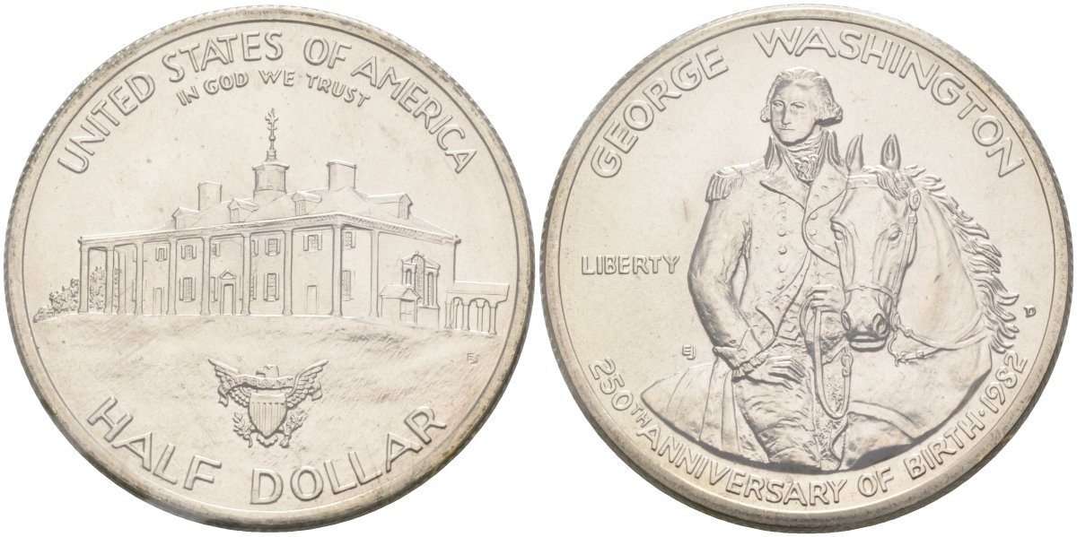 США 1/2 доллара (50 центов) 1982 D, 250 лет со дня рождения Джорджа Вашингтона, банковская запайка в целофан KM 208 серебро UNC 1072-2-11