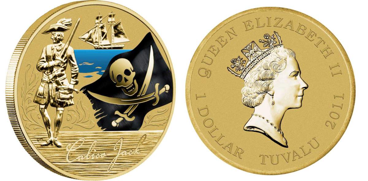 Тувалу 1 доллар 2012 великие пираты, Ситцевый Джек (Рэкхем), эмаль KM 178 алюминиевая бронза UNC 00-00