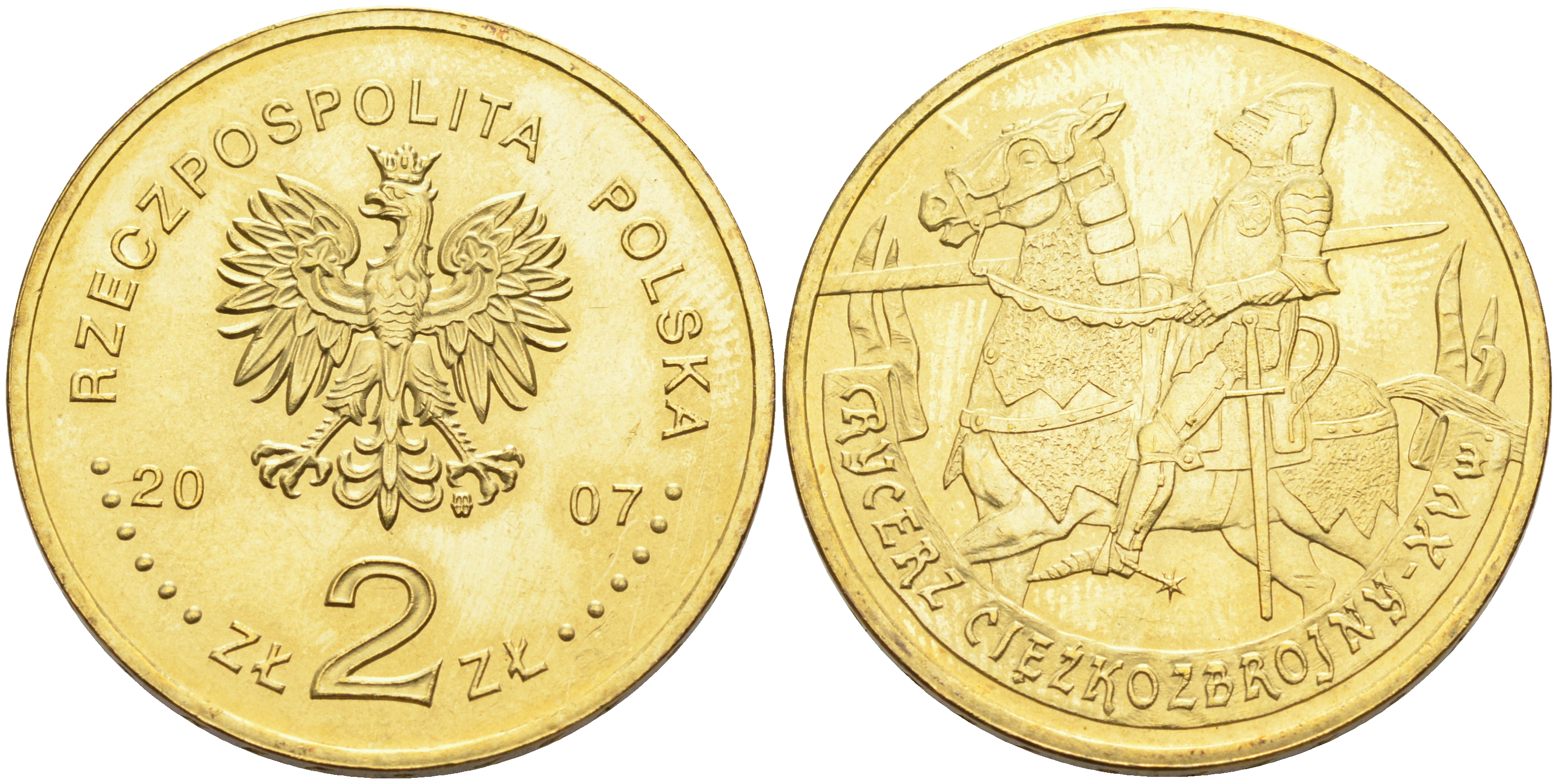 Польша 2 злотых 2007 серия история польской кавалерии, рыцарь XV века KM 611 латунь 4589-345