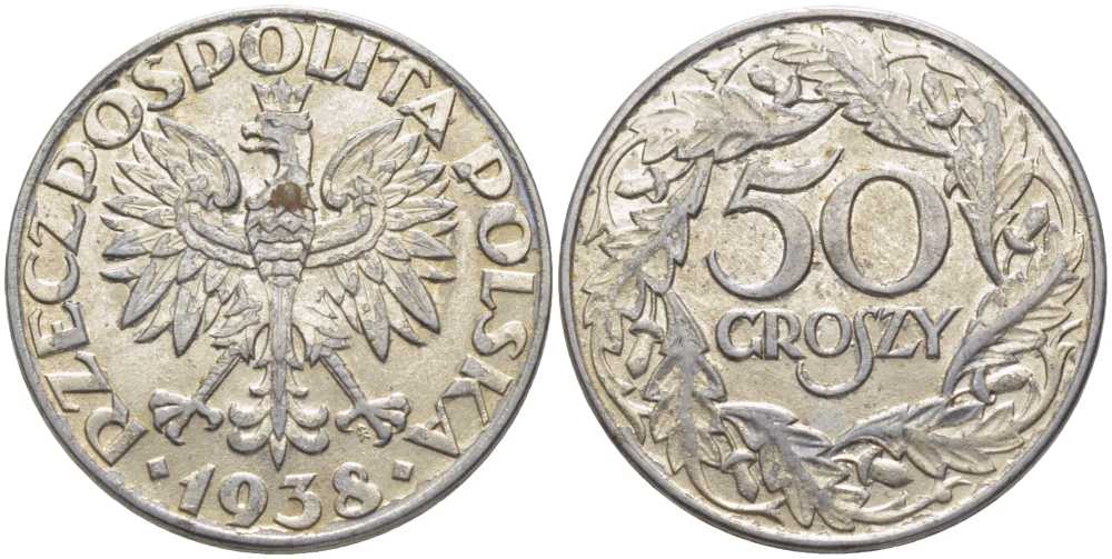 ПОЛЬША 50 ГРОШЕЙ 1938 ВТОРАЯ МИРОВАЯ ВОЙНА, ГЕРМАНСКАЯ ОККУПАЦИЯ KM 38 железо плакированное никелем 5010-1224