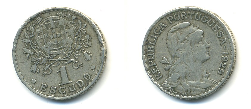 ПОРТУГАЛИЯ 1 ЭСКУДО 1929 ГОЛОВА СВОБОДЫ ВПРАВО KM 578 медно-никель 176-115