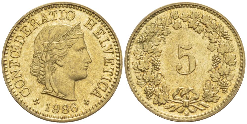 ШВЕЙЦАРИЯ 5 РАППЕНОВ 1986 В KM 26c алюминий латунь 4532-858