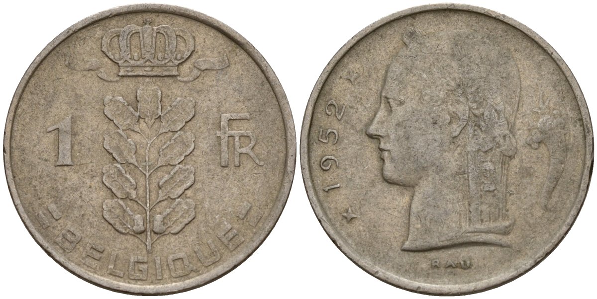 Бельгия 1 франк 1952 Belgique, Бодуэн I (1951-1993) KM 142 медно-никель 4156-621