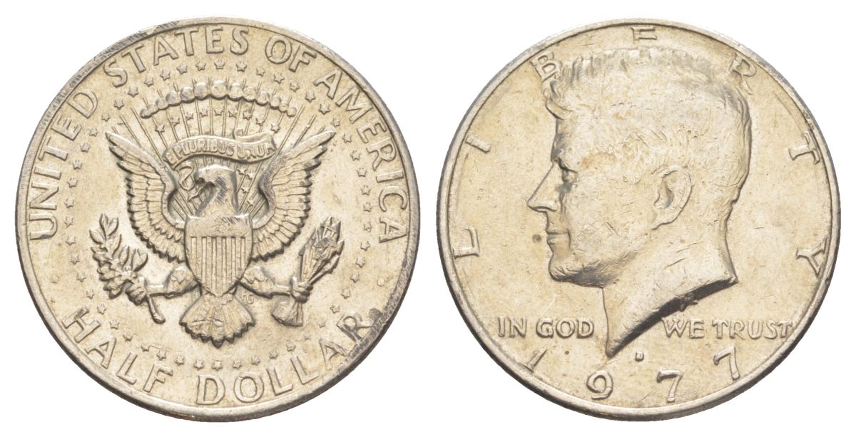 США 1/2 доллара (50 центов) 1977 D, Джон Кеннеди KM A202b медь плакированная медно-никелем aUNC 4536-1116