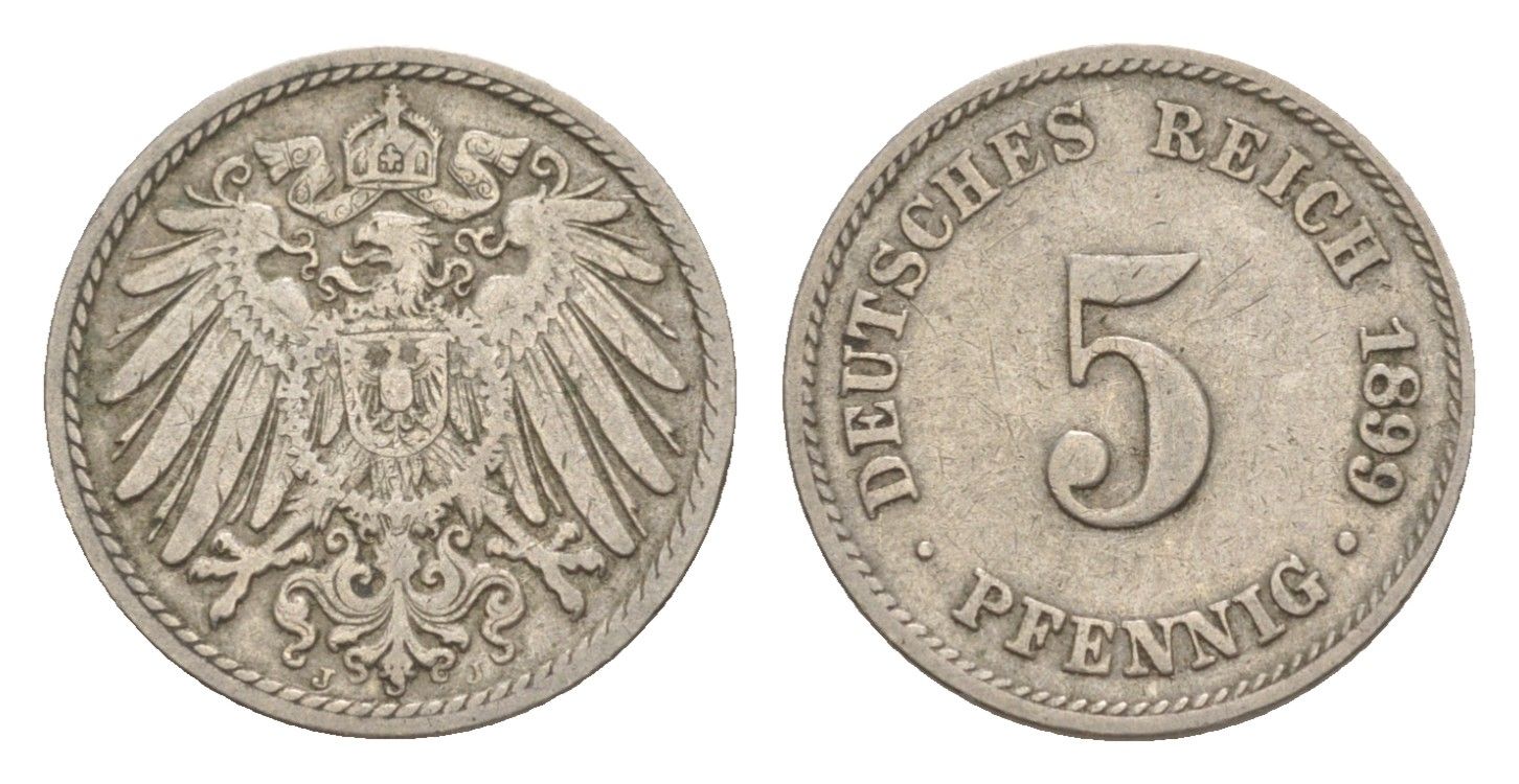 Германия 5 пфеннигов 1899 J, Вильгельм II (1888-1918) KM 11, J. 12 медно-никель 4640-112