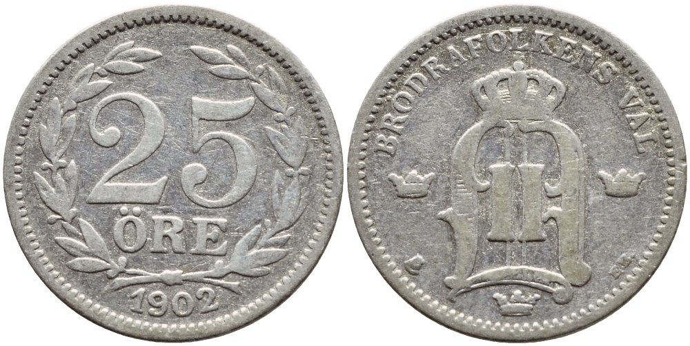 Швеция 25 эре 1902 EB, Оскар II (1872-1907) король Швеции и Норвегии KM 739 серебро 1530-614
