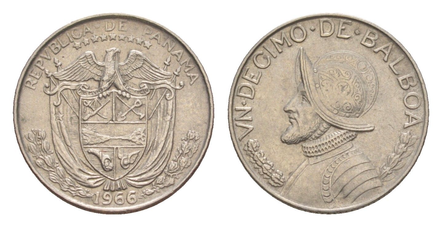 Панама 1/10 бальбоа (10 сентесимо) 1966 KM 10 медь плакированная медно-никелем 4644-127
