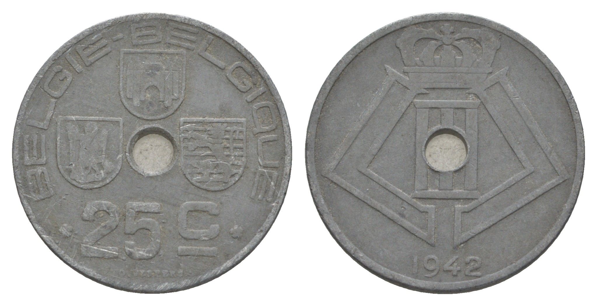 Бельгия 25 сантимов 1942 Belgie - Belgique, Леопольд III (1934-1947), германская оккупация, Вторая мировая война KM 132 цинк 4619-843