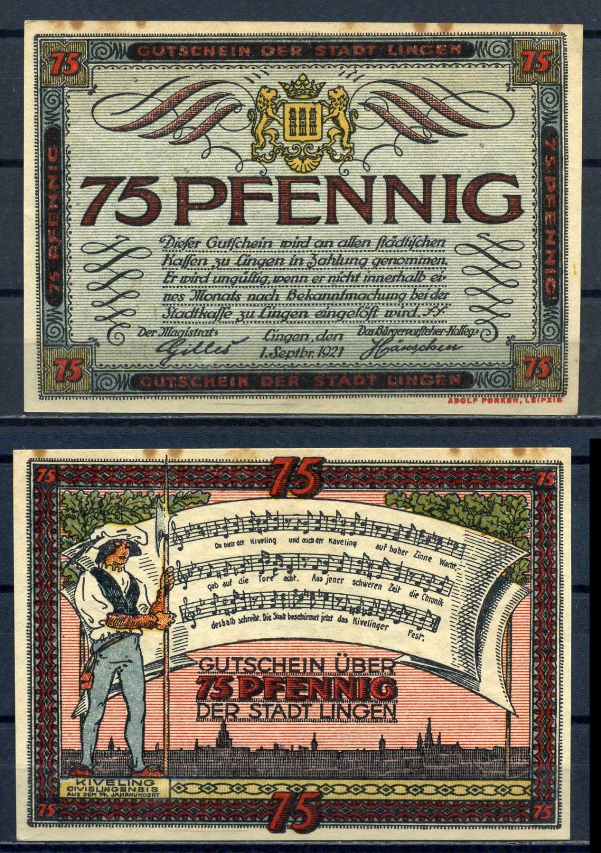 Линген (Пруссия) 75 пфеннигов 1921 картон aUNC 7556-6-1-2