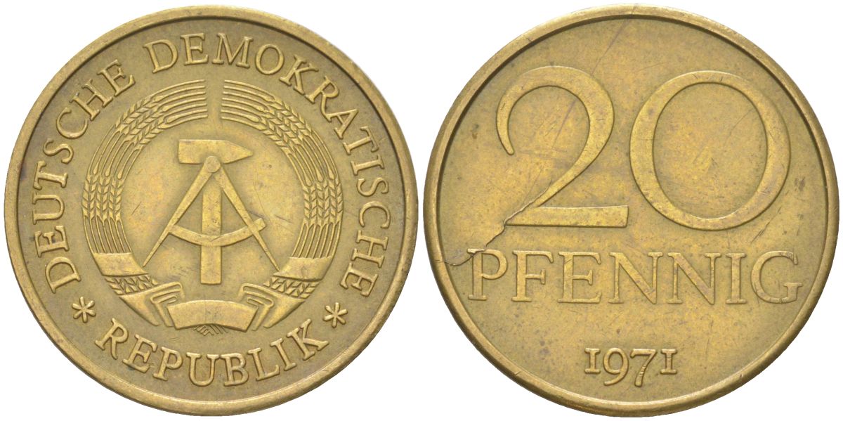 ГДР 20 пфеннигов 1971 KM 11 латунь 4163-317