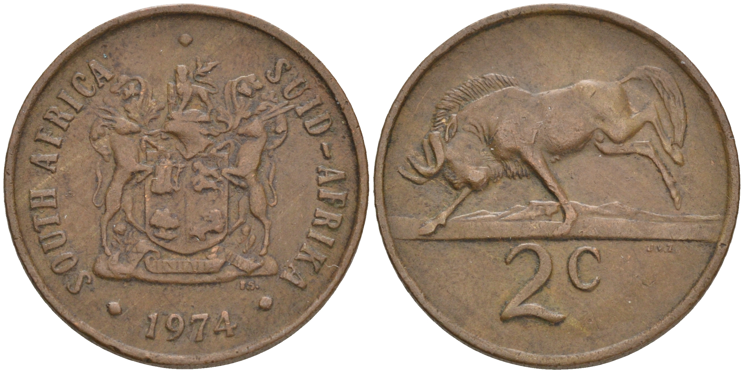 ЮАР 2 цента 1974 герб, антилопа гну KM 83 бронза 4561-716