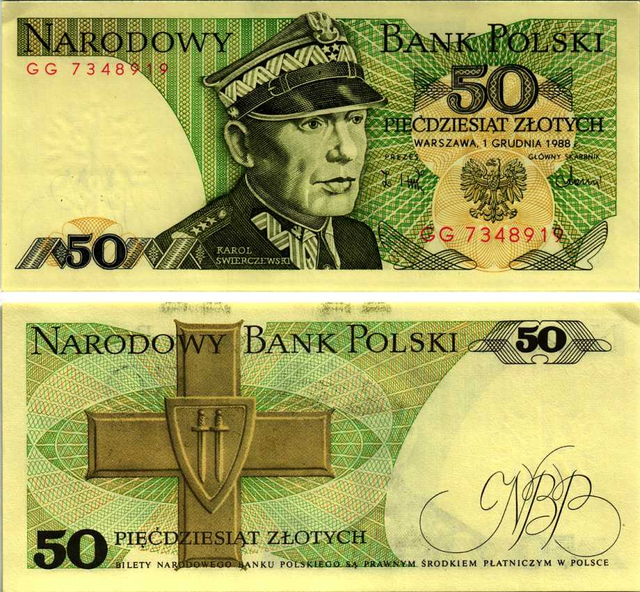 Польша 50 злотых 1988 Кароль Сверчевский, знак Грюнвальдского ордена Pick 142 c бумага аUNC 8607-72-2-1