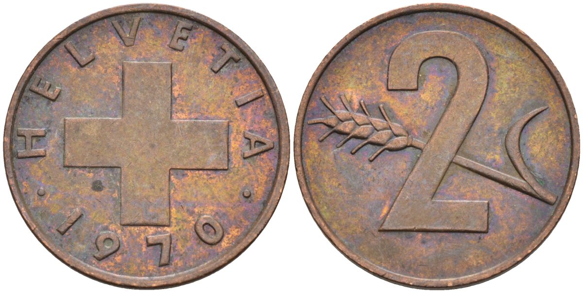 Швейцария 2 раппена 1970 KM 47 бронза 4592-653