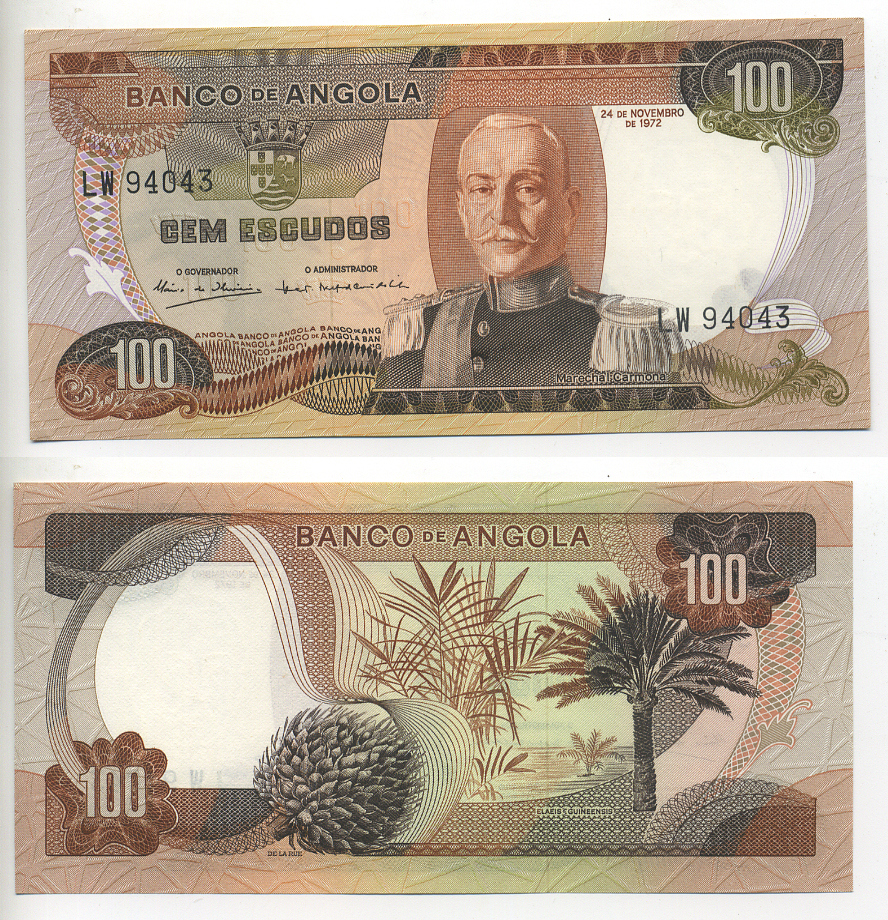 АНГОЛА 100 ЭСКУДО 1972 24 НОЯБРЯ 1972, МАРШАЛ КАРМОНА Pick 101 бумага UNC (ПРЕСС) 6278-20-4-1