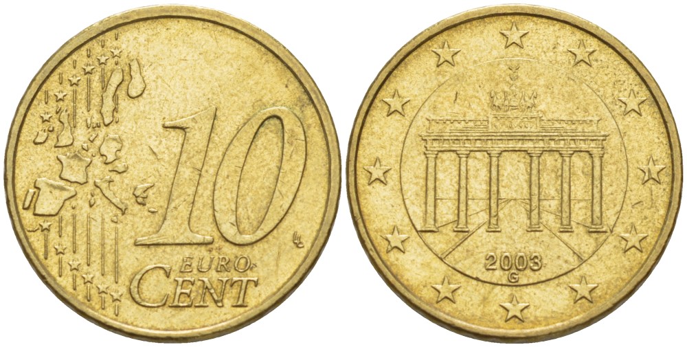 ГЕРМАНИЯ 10 ЕВРОЦЕНТОВ 2003 G KM 210 латунь 4543-532