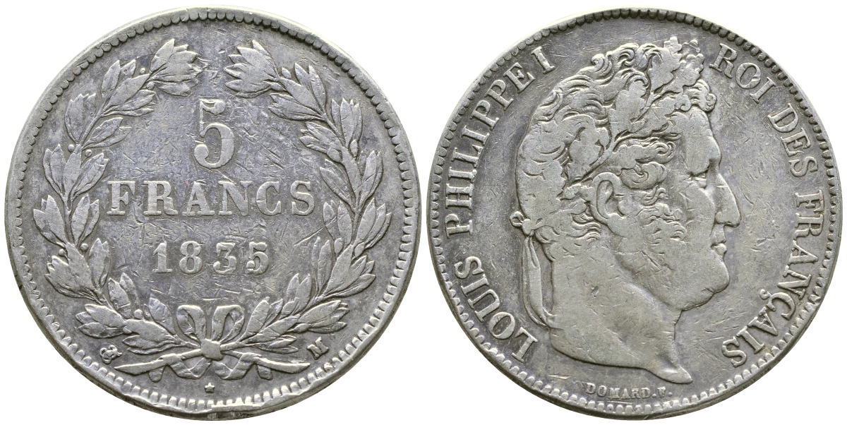 Франция 5 франков 1835 M, Луи Филипп I (1830-1848) KM 749.9 серебро 1066-6-36