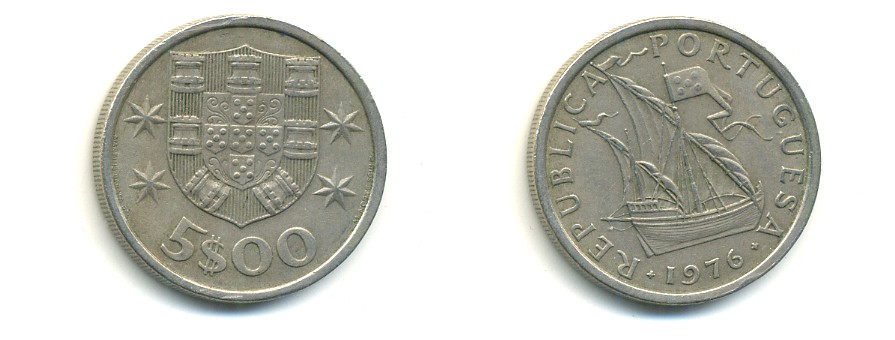 ПОРТУГАЛИЯ 5 ЭСКУДО 1976 ПАРУСНИК KM 591 медно-никель 176-237