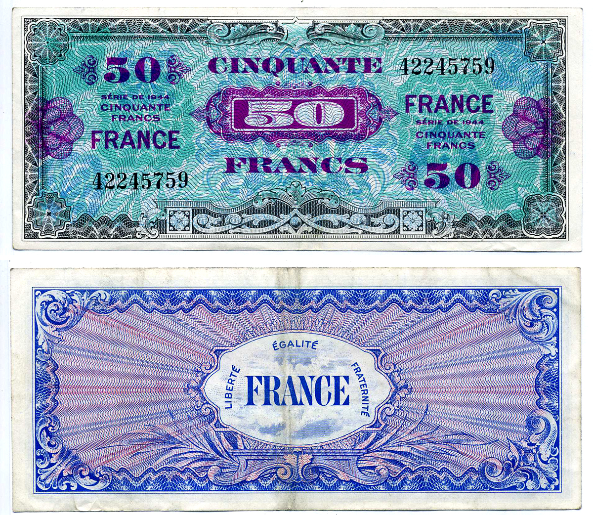ФРАНЦИЯ 50 ФРАНКОВ 1944 ВТОРОЙ АМЕРИКАНСКИЙ ВЫПУСК ДЛЯ ФРАНЦИИ Pick 122а бумага 7218-13-1-2