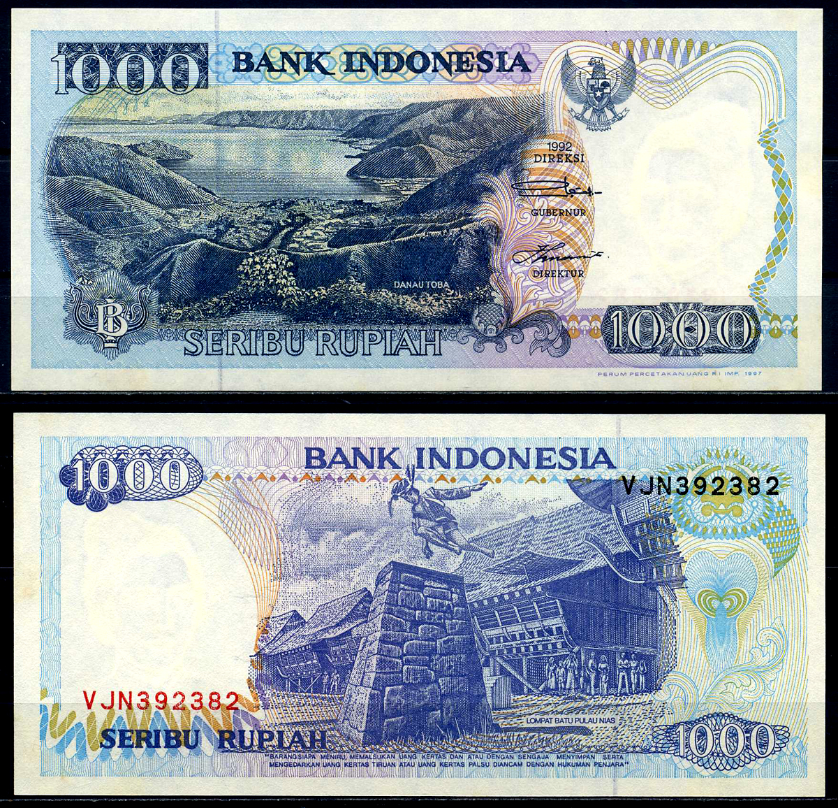 Индонезия 1000 рупий 1992/1997 Pick 129f бумага UNC (пресс) 446-26-3