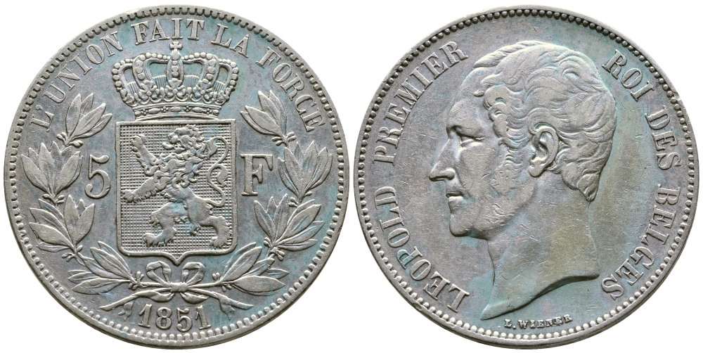 Бельгия 5 франков 1851 Леопольд I (1831-1865) KM 17 серебро 00-1067-5-31