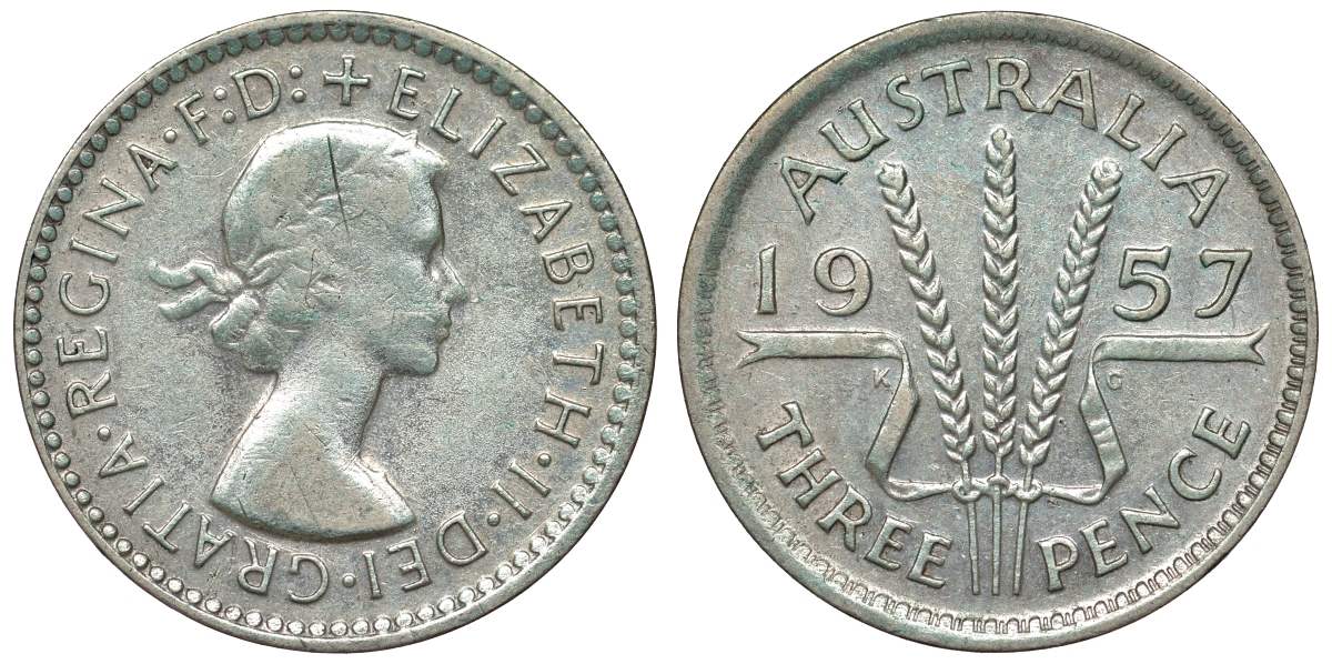 Австралия 3 пенса 1957 m, Елизавета II (1953-) KM 57 серебро 71-531