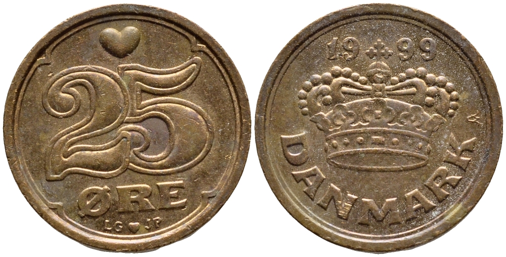 ДАНИЯ 25 ЭРЕ 1999 LG; JP; A, МАРГРЕТЕ II (1972-) KM 868.1 бронза 4396-538