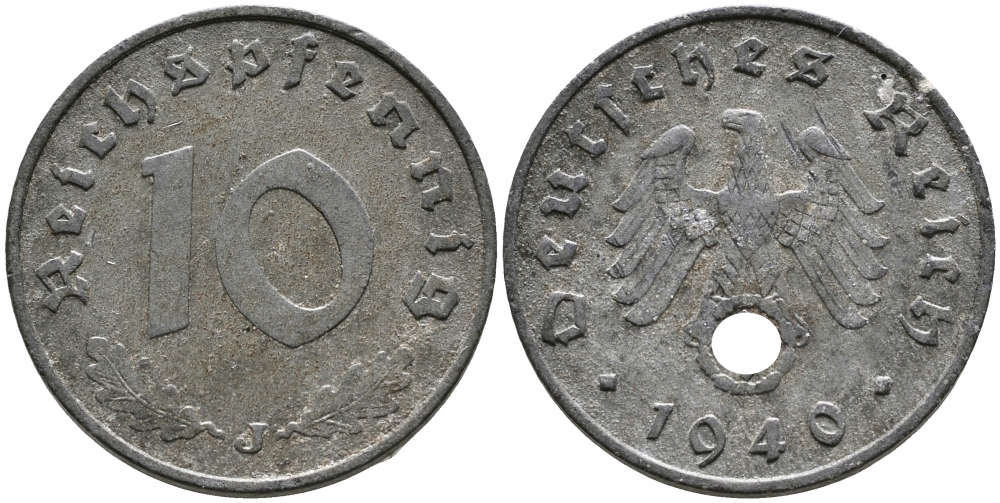 Германия 10 рейхспфеннигов 1940 J, KM 101, J. 371 цинк 4525-1221