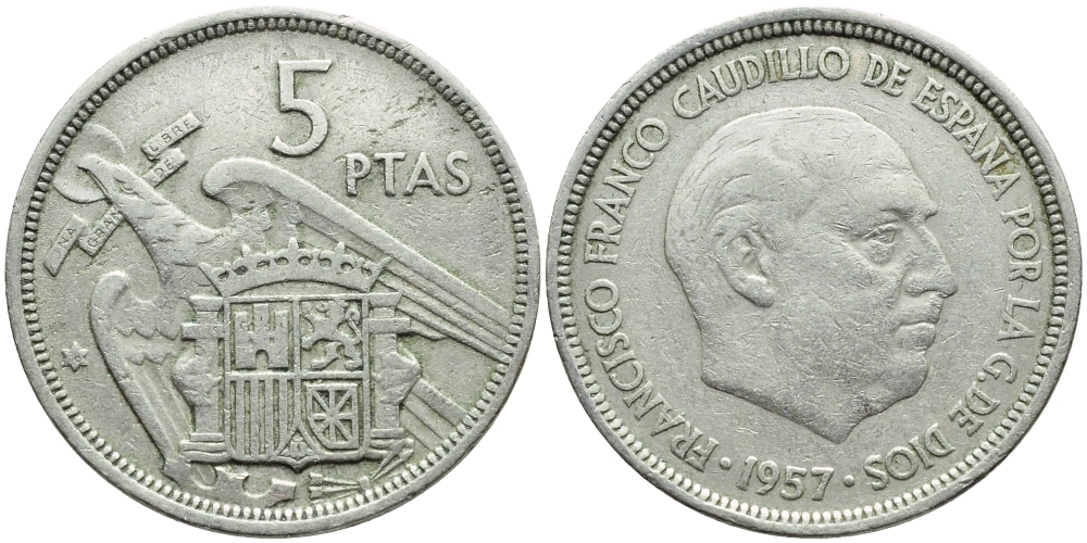ИСПАНИЯ 5 ПЕСЕТ 1957 (58) ФРАНСИСКО ФРАНКО ДИКТАТОР ИСПАНИИ (1939-1975) KM 786 медно-никель 4395-353
