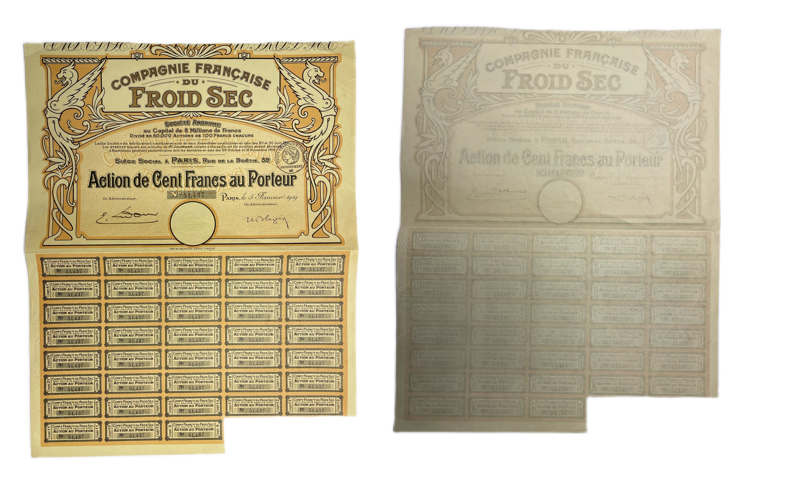 Франция, Compagnie Francaise du Froid Sec акция в 100 франков 1919 38 купонов бумага 49-96-1-2