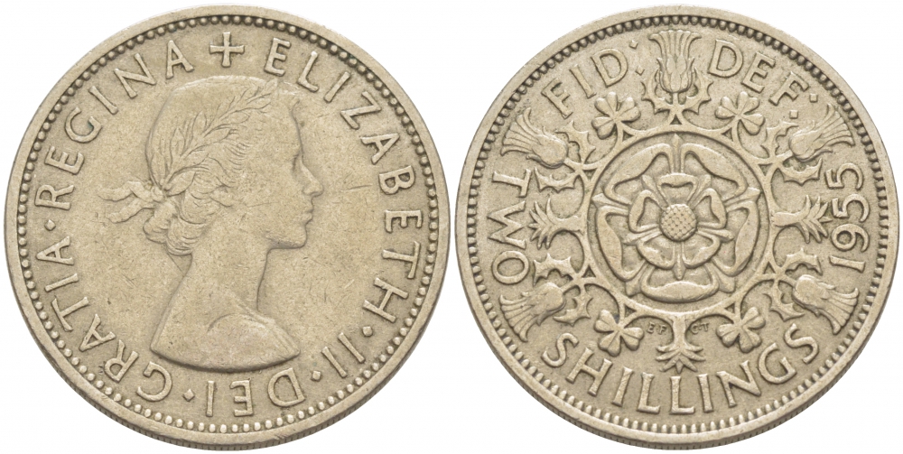 Великобритания 2 шиллинга (флорин) 1955 Елизавета II (1952-2022) KM 906, Spink 4146 медно-никель 4403-244