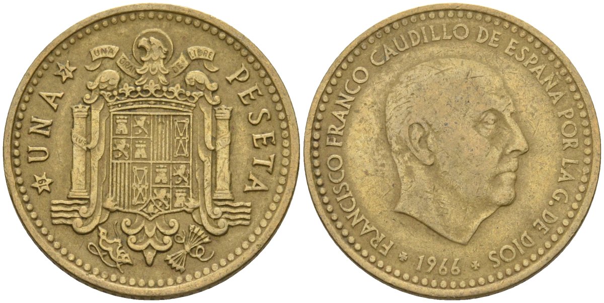 Испания 1 песета 1966 (71) Франсиско Франко (1939-1975) KM 796 алюминиевая бронза 4604-125