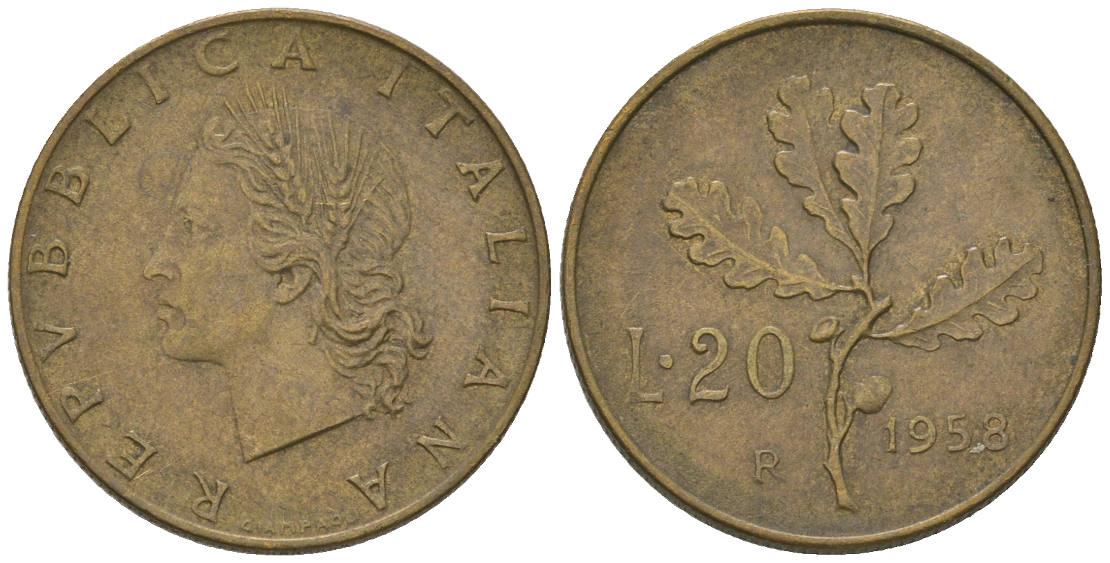 Италия 20 лир 1958 R, дубовая ветвь KM 97.1 алюминиевая бронза    4668-1224