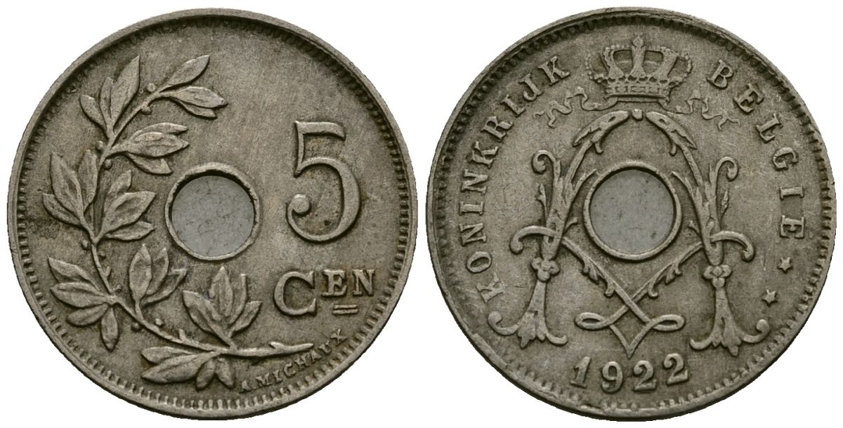 Бельгия 5 сантимов 1922 Belgie KM 67 медно-никель 4173-232