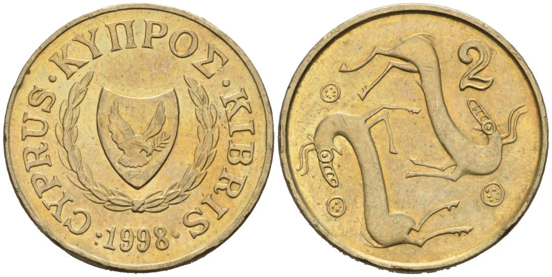 Кипр 2 цента 1998 KM 54.3 никель латунь 46-952