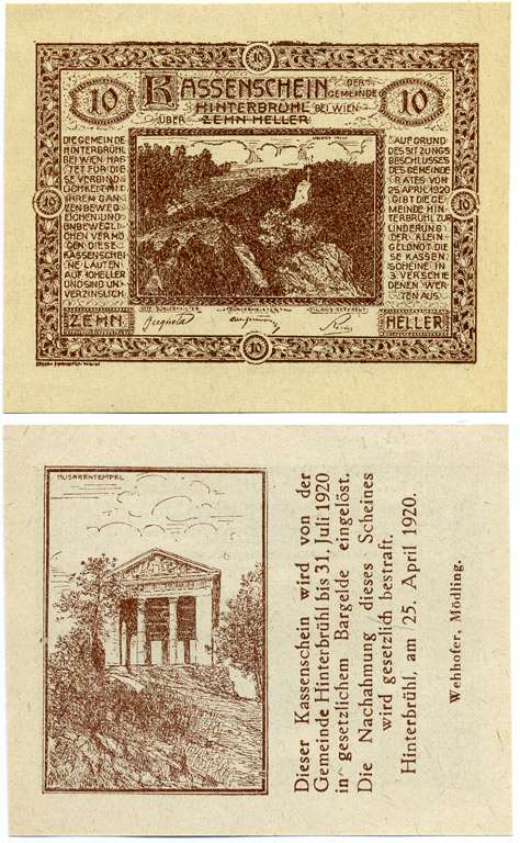 Австрия, Хинтербрюль 10 геллеров 1920 25 апреля 1920 - 31 июля 1920, нотгельд,    бумага  UNC (пресс) 7221-30-1-2