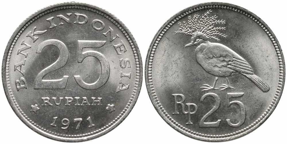 Индонезия 25 рупий 1971 венценосный голубь KM 34 медно-никель 86-1853