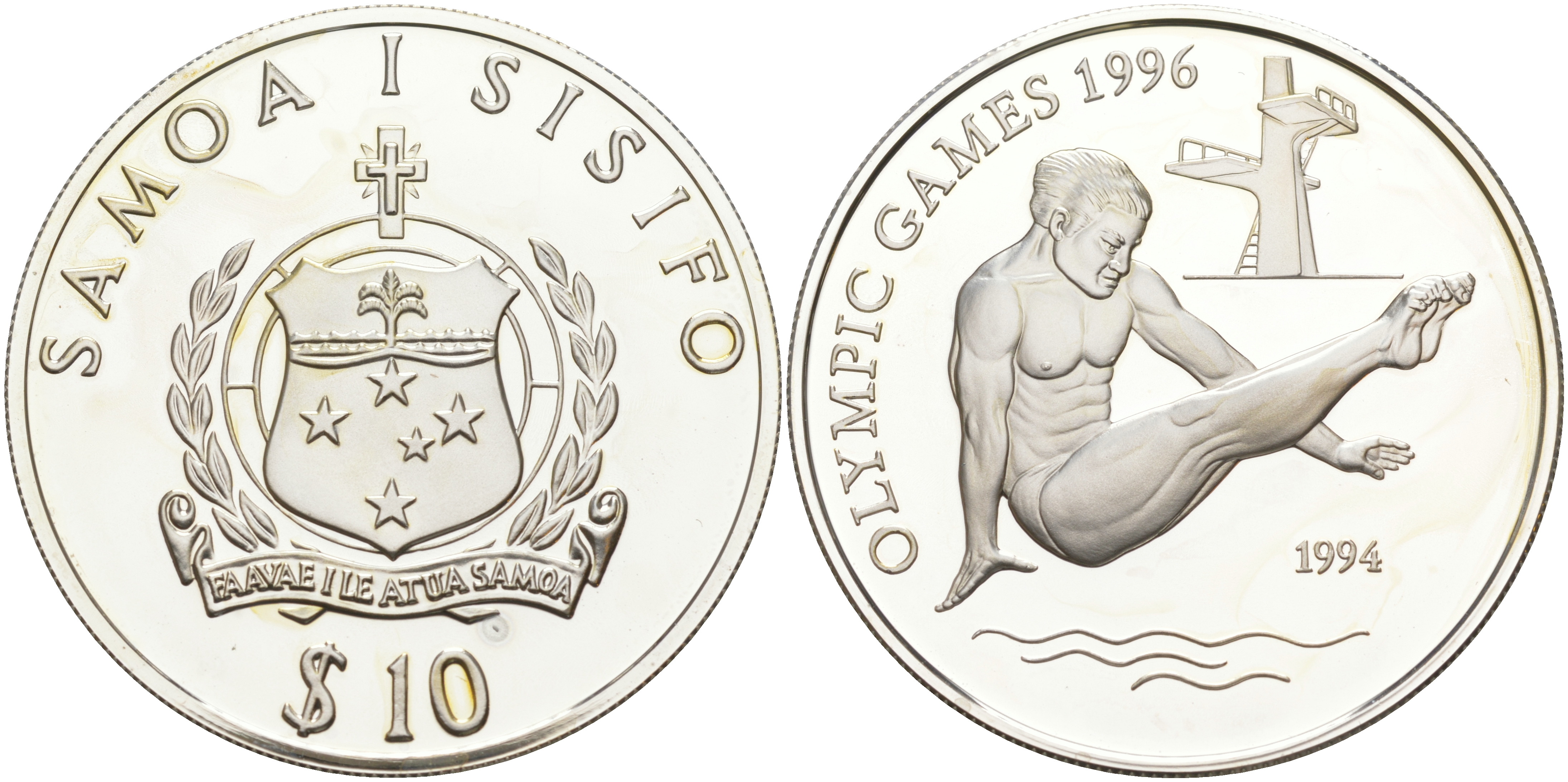 Самоа 10 тала 1994 летние Олимпийские игры 1996 года в Атланте, прыжки в воду KM 91 серебро PROOF 1074-5-43