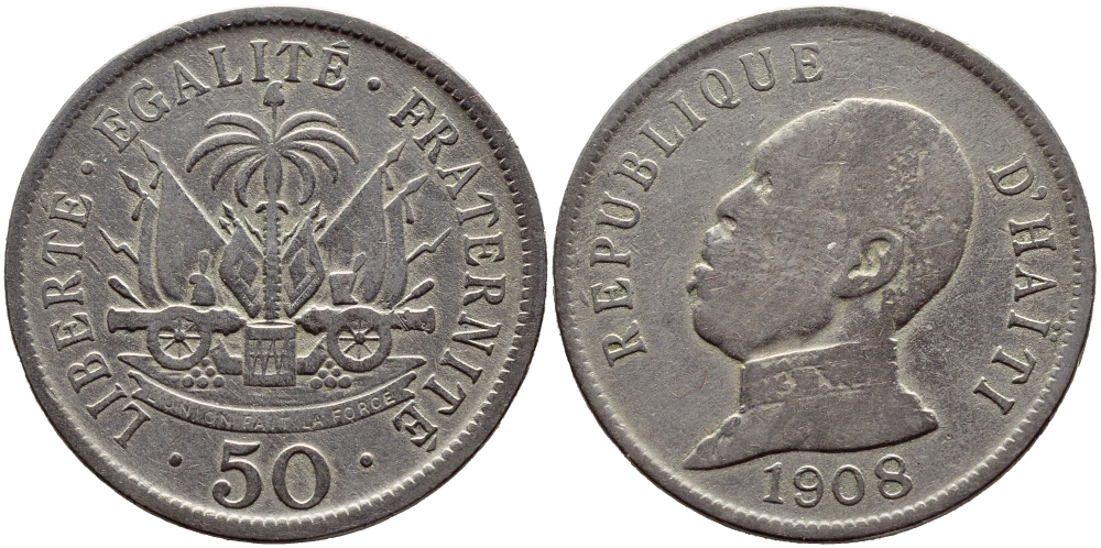Гаити 50 сантимов 1908 Президент Пьер Нор Алексис KM 56 медно-никель 633-313