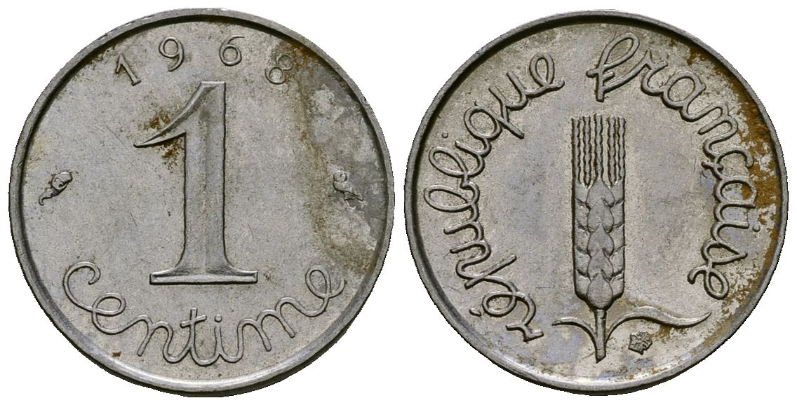 Франция 1 сантим 1968 KM 928, Le Franc 106.15 нержавеющая сталь 4136-831