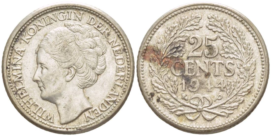 Нидерланды 25 центов 1944 Р, Вильгельмина (1890-1948) KM 164 серебро 4548-852