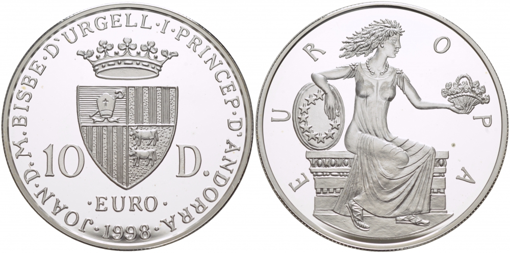 Андорра 10 динеров 1998 греческая принцесса Европа KM 150 серебро PROOF 1068-5-31