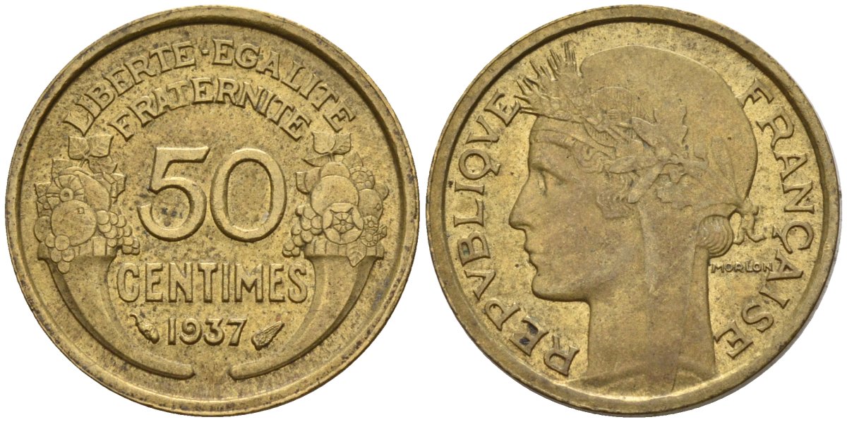 Франция 50 сантимов 1937 KM 894.1, Le Franc 192.15 алюминиевая бронза 4596-768
