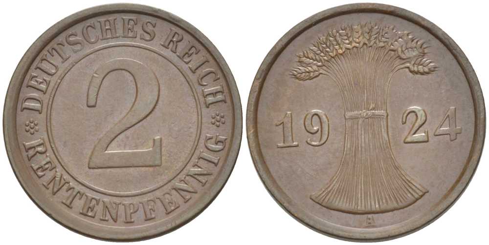 ГЕРМАНИЯ 2 РЕНТЕНПФЕННИГA 1924 A KM 31, J. 307, Weege 3 бронза 206-859