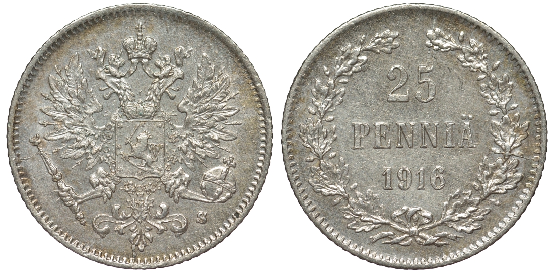 Россия для Финляндии 25 пенни 1916 S, Николай II (1894-1917) KM 6.2, Биткин 421 серебро 75-1324
