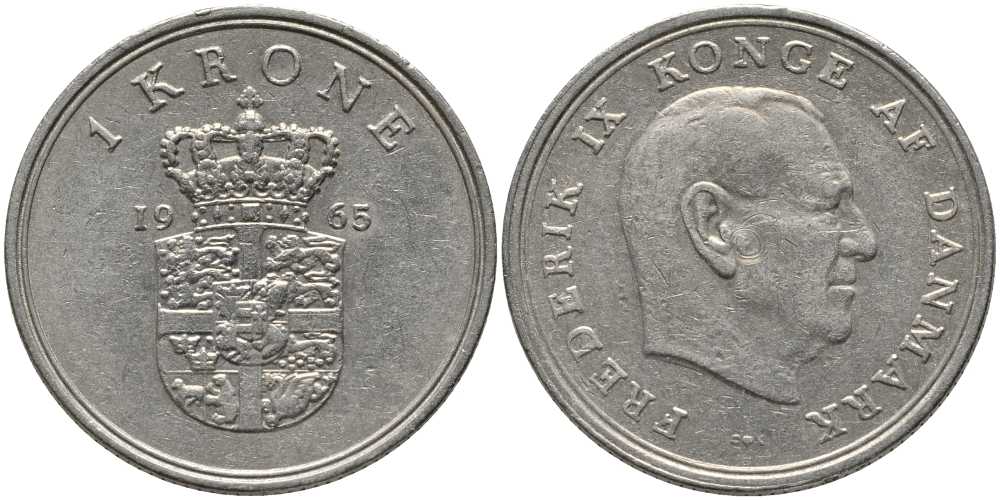 ДАНИЯ 1 КРОНА 1965 C; S, ФРЕДЕРИК IX (1947-1972) KM 851.1 медно-никель 4393-615